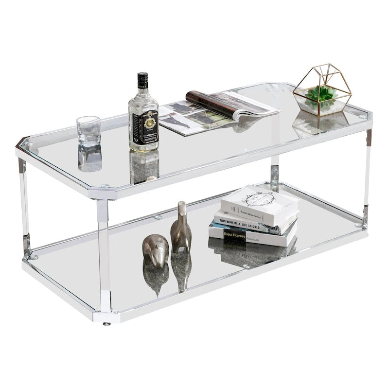 Table basse chromée, table basse en verre avec étagère