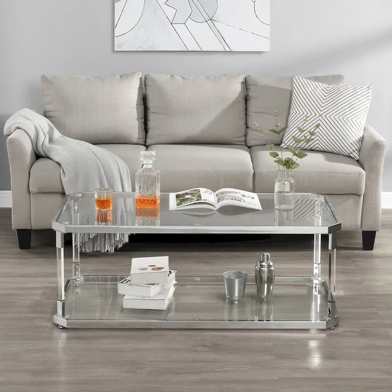 Table basse chromée, table basse en verre avec étagère