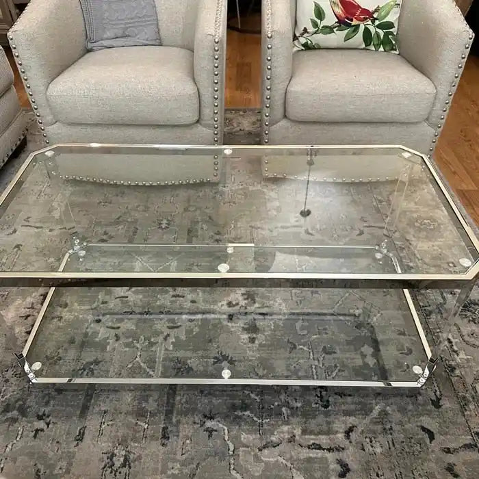 Table basse chromée, table basse en verre avec étagère