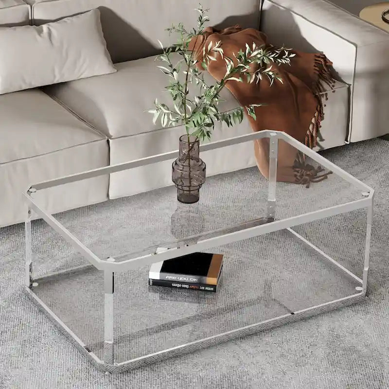 Table basse chromée, table basse en verre avec étagère