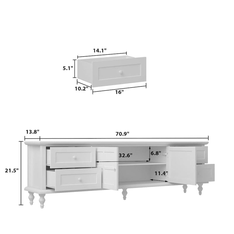Meuble TV blanc moderne avec portes vitrées et tiroirs - Console multimédia - 70,9