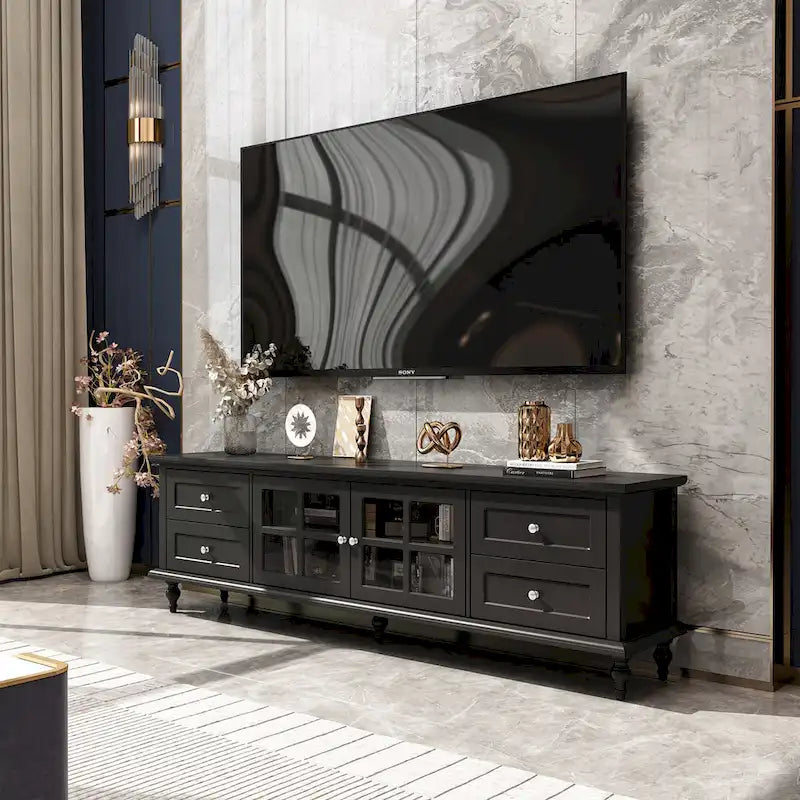 Meuble TV blanc moderne avec portes vitrées et tiroirs - Console multimédia - 70,9