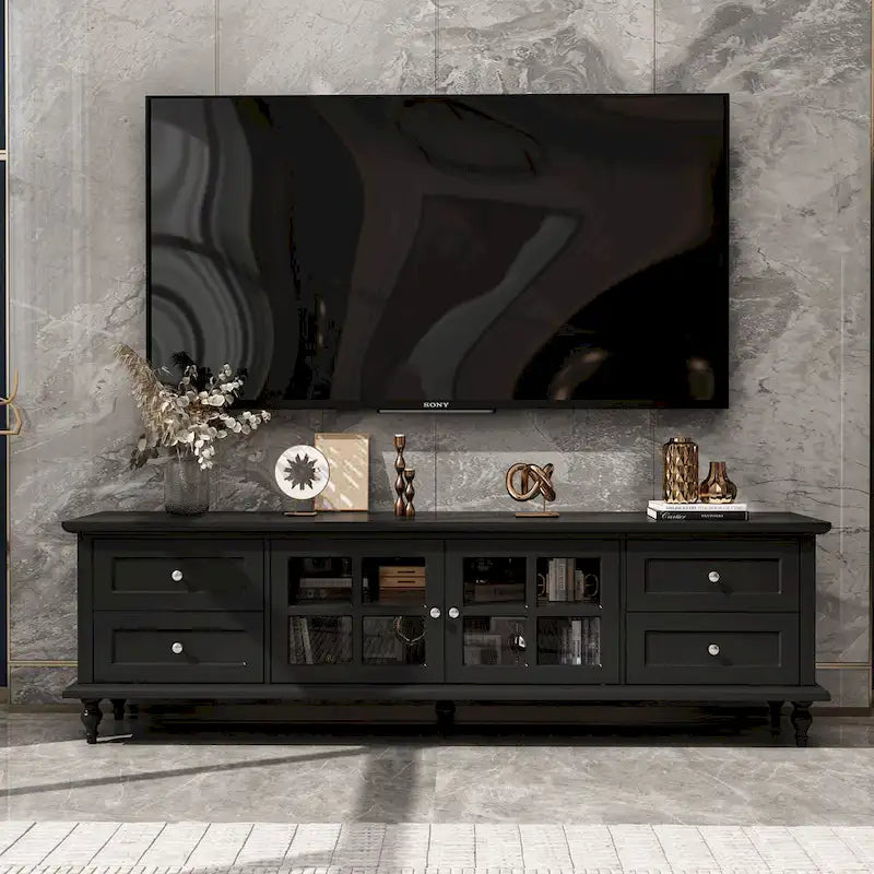 Meuble TV blanc moderne avec portes vitrées et tiroirs - Console multimédia - 70,9