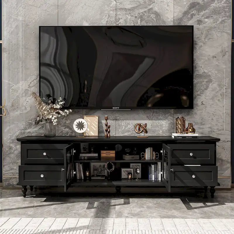 Meuble TV blanc moderne avec portes vitrées et tiroirs - Console multimédia - 70,9