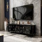 Meuble TV blanc moderne avec portes vitrées et tiroirs - Console multimédia - 70,9