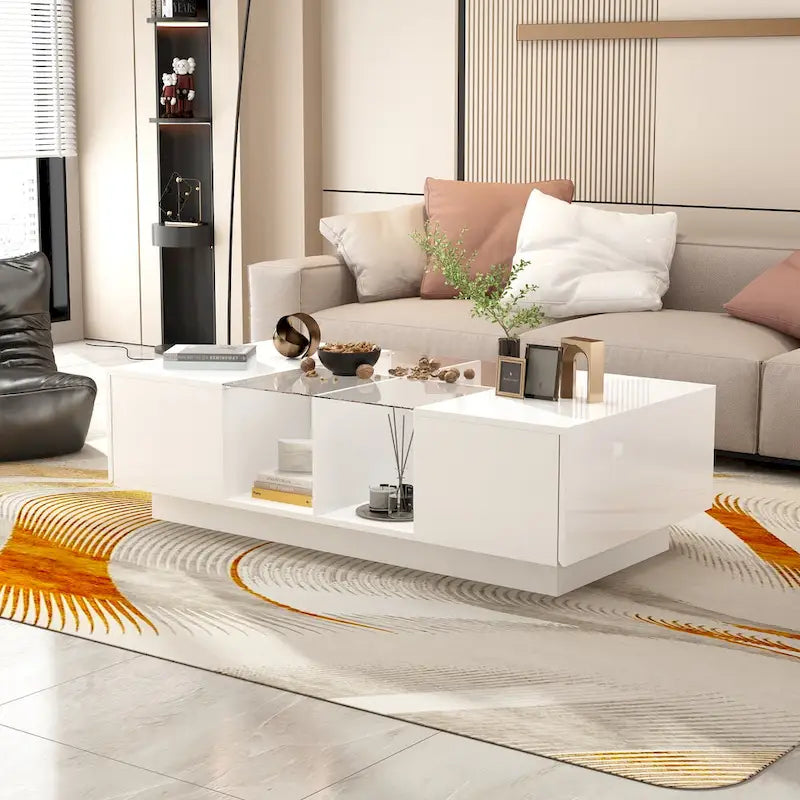 Table basse de rangement, finition brillante, éclairage LED, style cocktail - 47,4 W