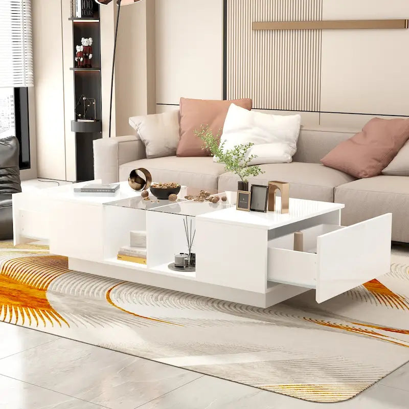 Table basse de rangement, finition brillante, éclairage LED, style cocktail - 47,4 W