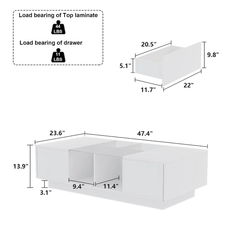Table basse de rangement, finition brillante, éclairage LED, style cocktail - 47,4 W