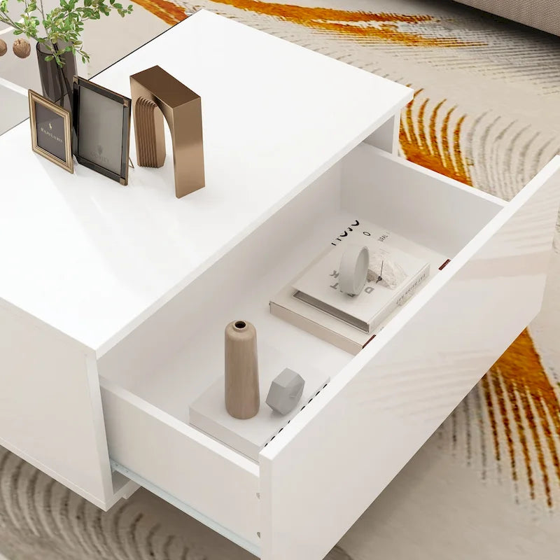 Table basse de rangement, finition brillante, éclairage LED, style cocktail - 47,4 W