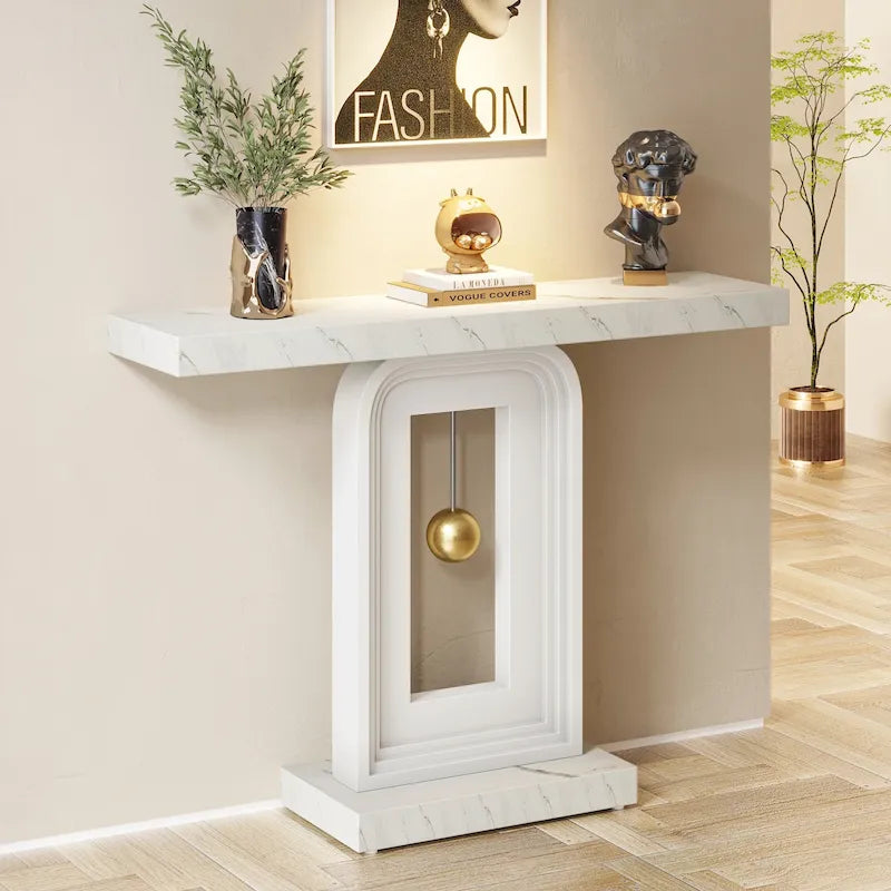 Console moderne à piètement géométrique, table d'appoint étroite de 100 cm (39,4 pouces) avec décor doré, idéale pour le salon, l'entrée ou le couloir.