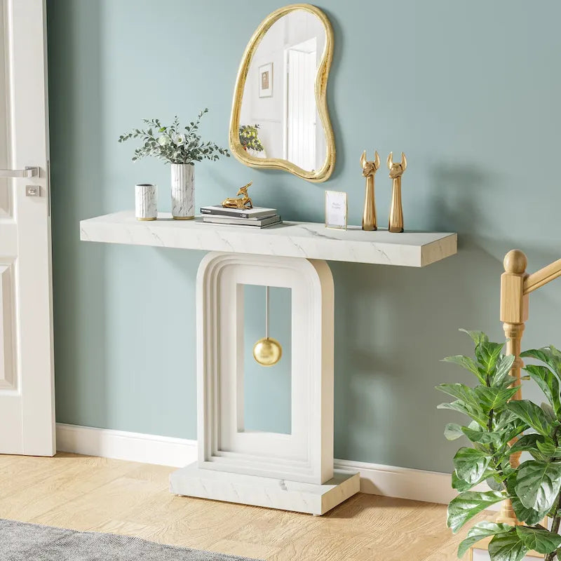 Console moderne à piètement géométrique, table d'appoint étroite de 100 cm (39,4 pouces) avec décor doré, idéale pour le salon, l'entrée ou le couloir.