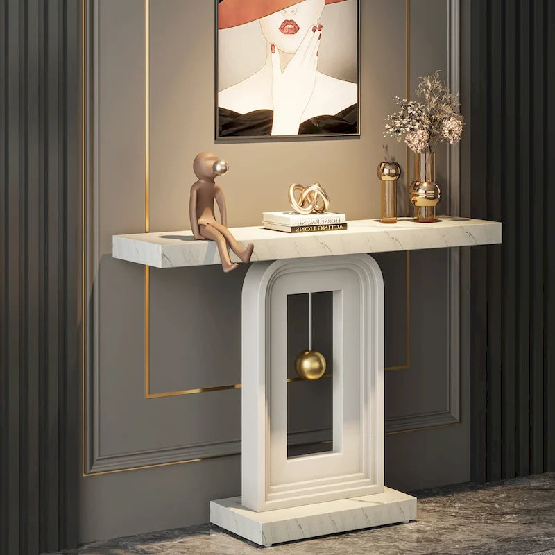 Console moderne à piètement géométrique, table d'appoint étroite de 100 cm (39,4 pouces) avec décor doré, idéale pour le salon, l'entrée ou le couloir.