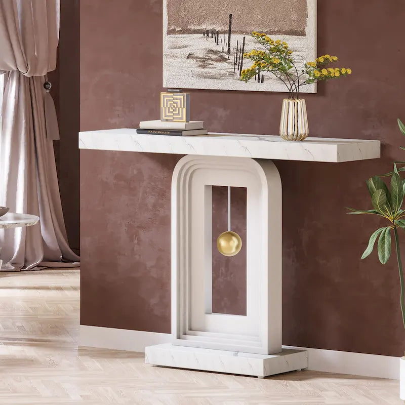 Console moderne à piètement géométrique, table d'appoint étroite de 100 cm (39,4 pouces) avec décor doré, idéale pour le salon, l'entrée ou le couloir.