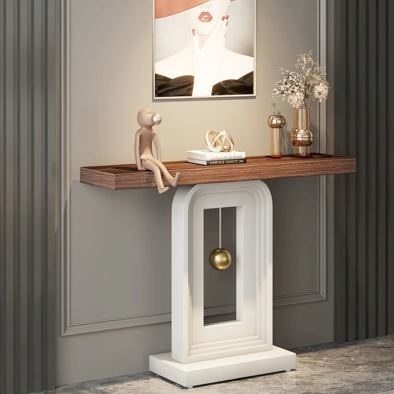 Console moderne à piètement géométrique, table d'appoint étroite de 100 cm (39,4 pouces) avec décor doré, idéale pour le salon, l'entrée ou le couloir.