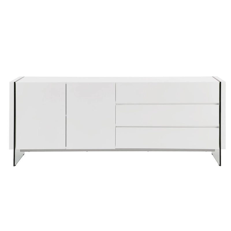 Buffet-vendeur IL VETRO en laque blanche brillante avec verre transparent.