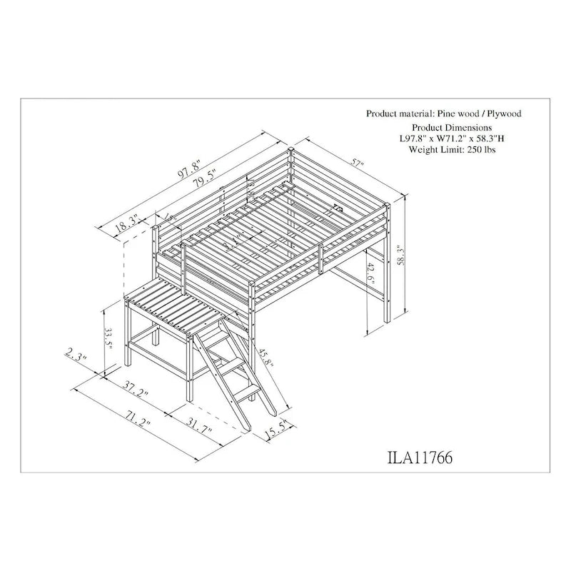 Lit mezzanine avec plateforme et échelle