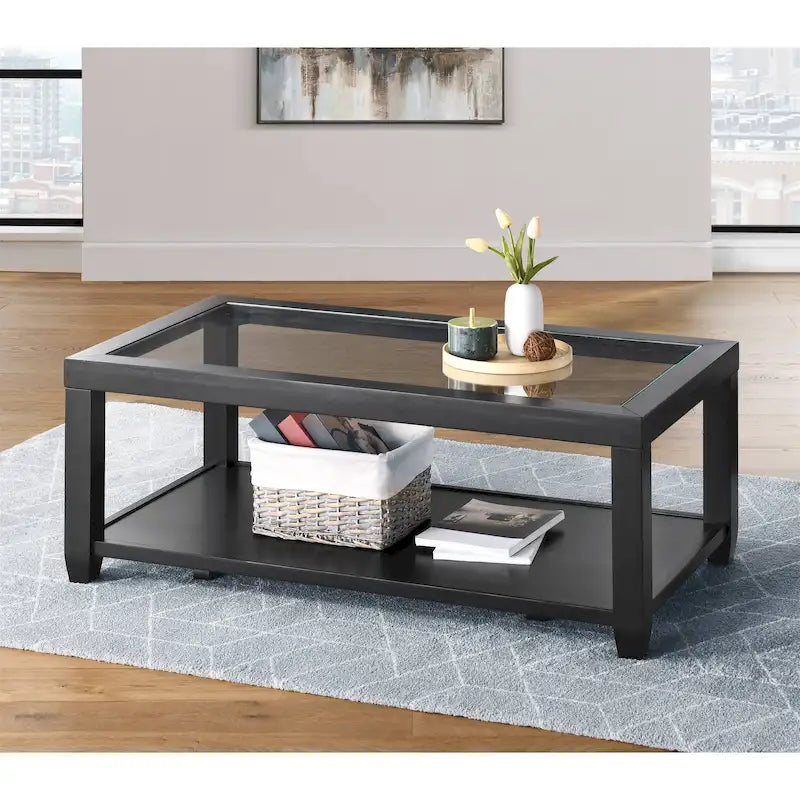 Table basse Cordero en bois et verre de 122 cm de large avec étagère de rangement