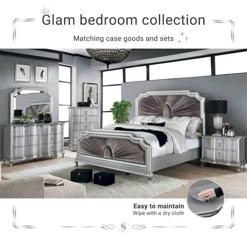 Lit à panneaux en bois massif argenté Maza Glam de Furniture of America