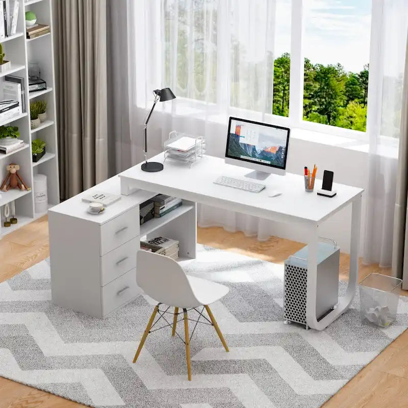 Bureau d'ordinateur Timechee en forme de L de 55 pouces avec tiroirs