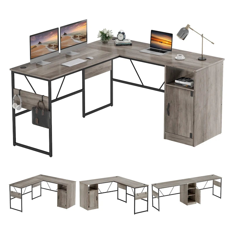 Bureau en L de 60 pouces avec armoire de rangement, bureau d'ordinateur