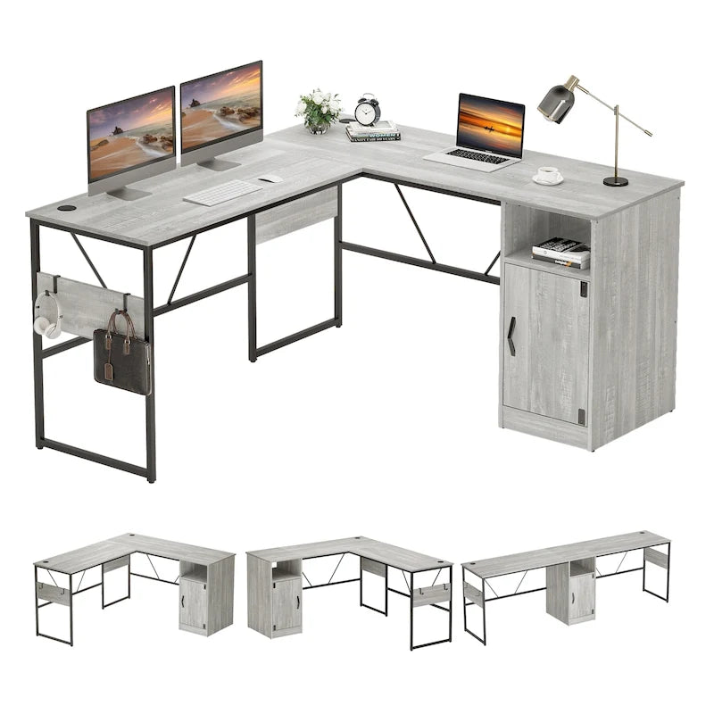 Bureau en L de 60 pouces avec armoire de rangement, bureau d'ordinateur