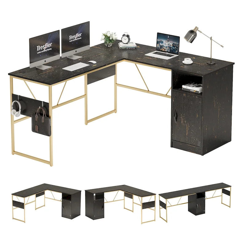 Bureau en L de 60 pouces avec armoire de rangement, bureau d'ordinateur