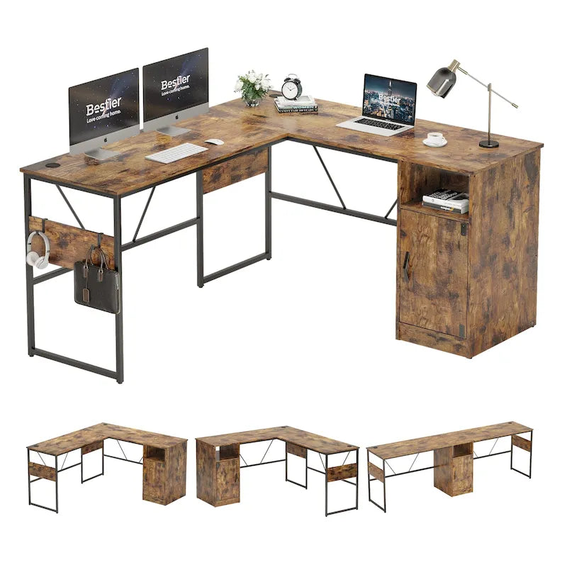 Bureau en L de 60 pouces avec armoire de rangement, bureau d'ordinateur