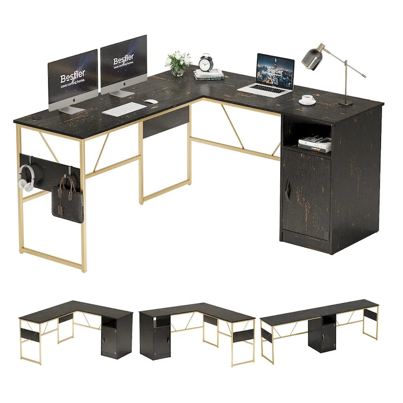 Bureau en L de 60 pouces avec armoire de rangement, bureau d'ordinateur