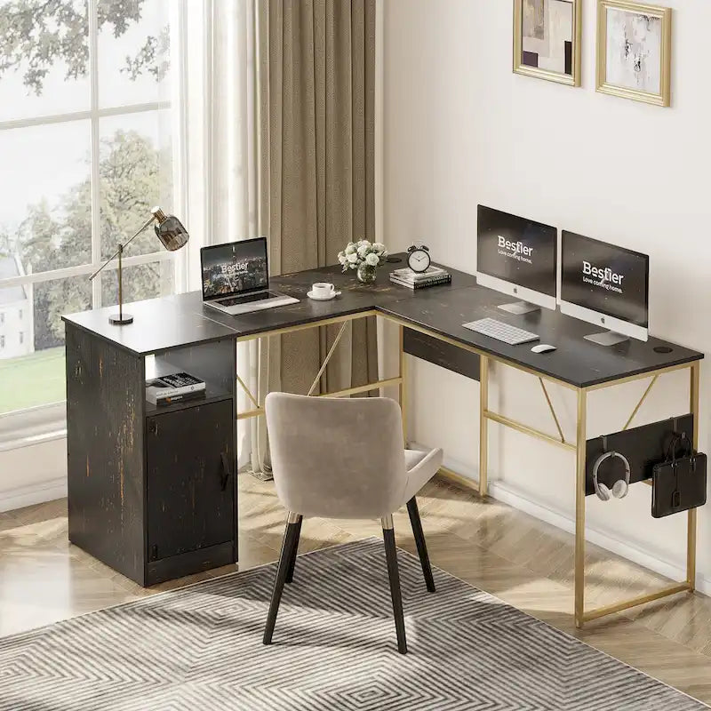 Bureau en L de 60 pouces avec armoire de rangement, bureau d'ordinateur