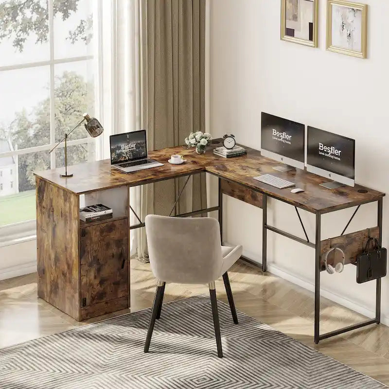 Bureau en L de 60 pouces avec armoire de rangement, bureau d'ordinateur