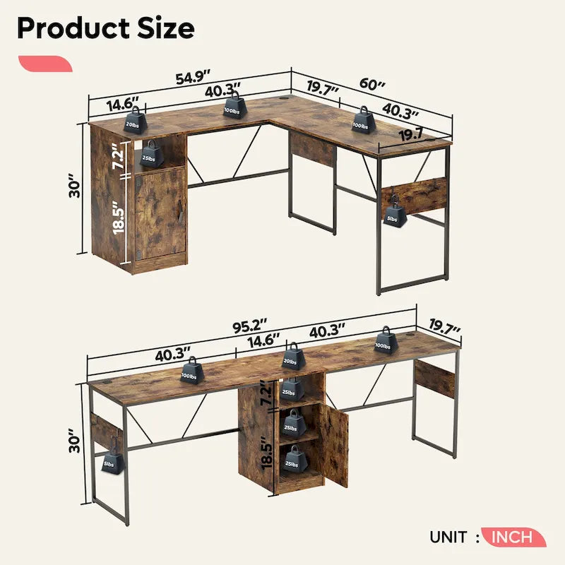Bureau en L de 60 pouces avec armoire de rangement, bureau d'ordinateur