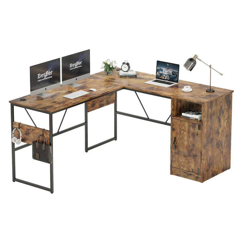 Bureau en L de 60 pouces avec armoire de rangement, bureau d'ordinateur