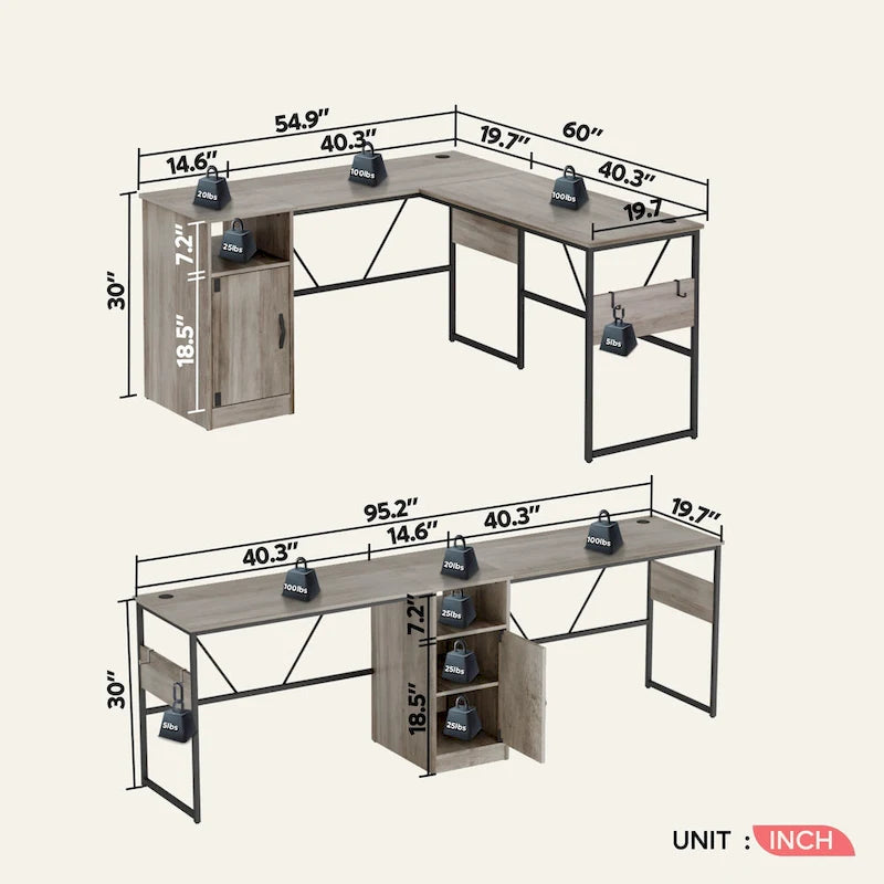 Bureau en L de 60 pouces avec armoire de rangement, bureau d'ordinateur