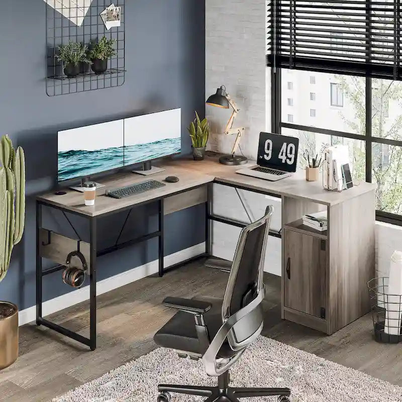 Bureau en L de 60 pouces avec armoire de rangement, bureau d'ordinateur