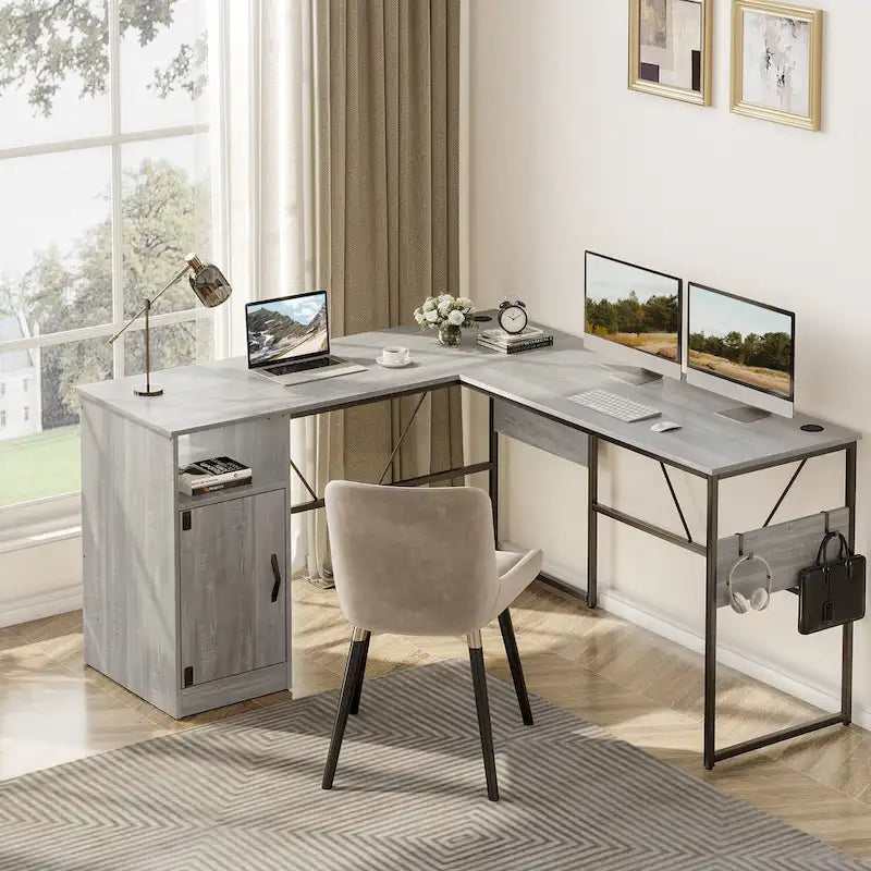 Bureau en L de 60 pouces avec armoire de rangement, bureau d'ordinateur