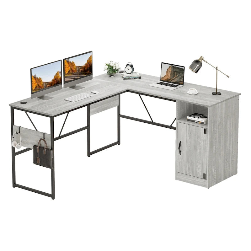 Bureau en L de 60 pouces avec armoire de rangement, bureau d'ordinateur