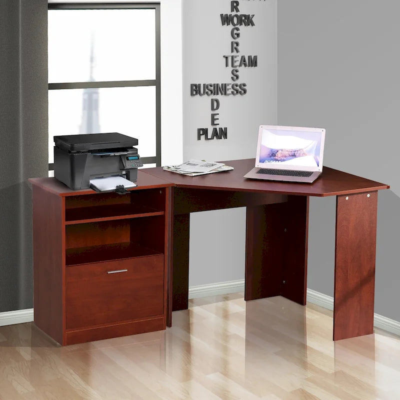 Bureau d'ordinateur HOMCOM avec compartiment pour imprimante, bureau d'angle en L avec rangement, poste de travail PC pour bureau à domicile