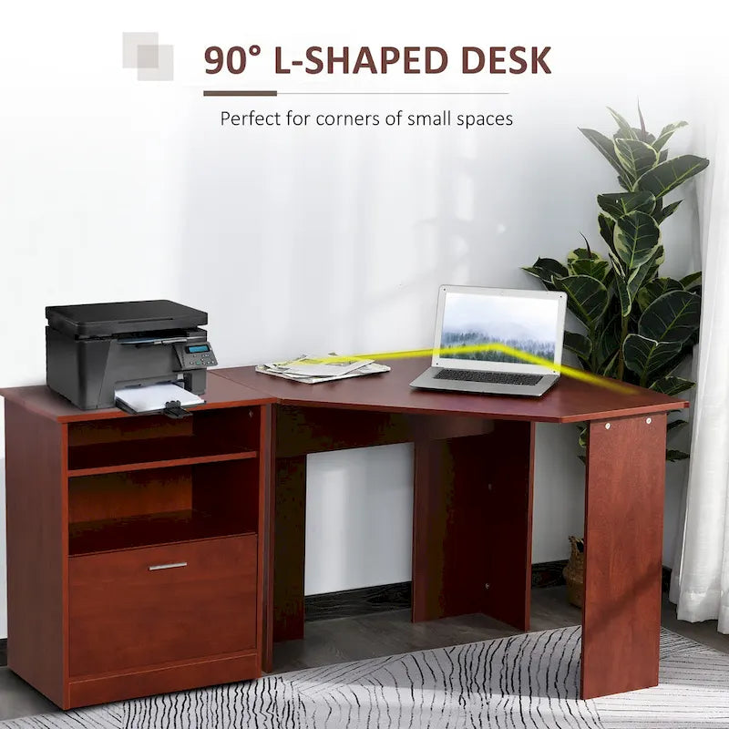 Bureau d'ordinateur HOMCOM avec compartiment pour imprimante, bureau d'angle en L avec rangement, poste de travail PC pour bureau à domicile