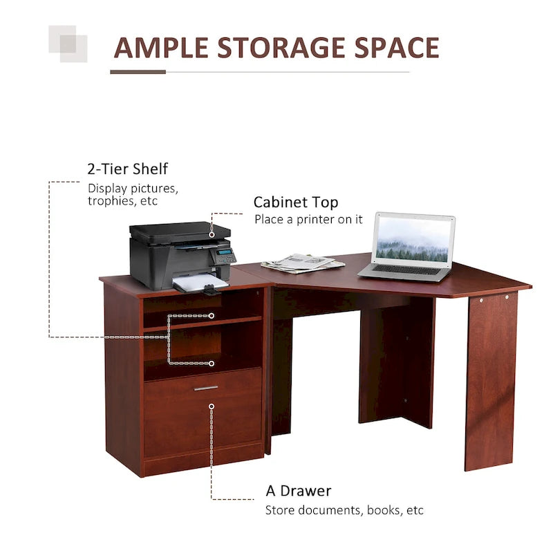 Bureau d'ordinateur HOMCOM avec compartiment pour imprimante, bureau d'angle en L avec rangement, poste de travail PC pour bureau à domicile