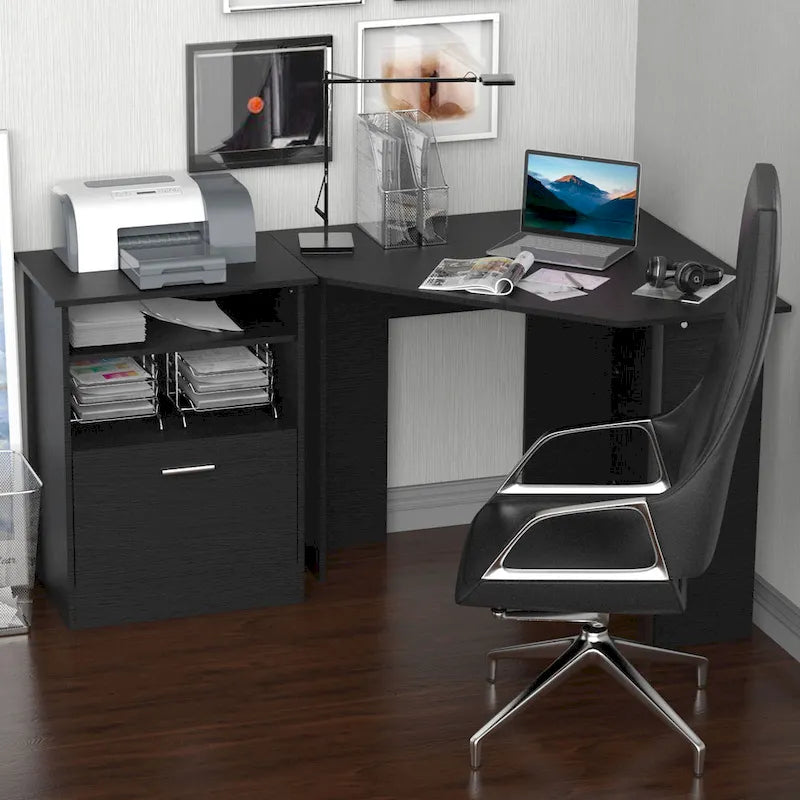 Bureau d'ordinateur HOMCOM avec compartiment pour imprimante, bureau d'angle en L avec rangement, poste de travail PC pour bureau à domicile