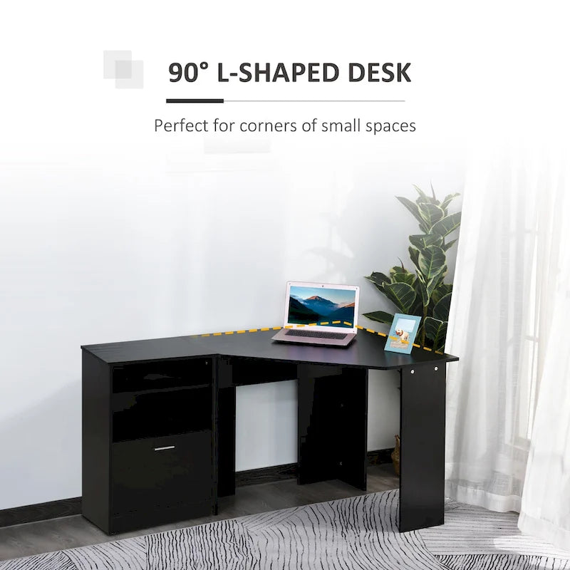 Bureau d'ordinateur HOMCOM avec compartiment pour imprimante, bureau d'angle en L avec rangement, poste de travail PC pour bureau à domicile