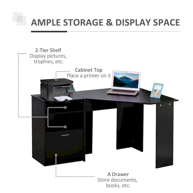 Bureau d'ordinateur HOMCOM avec compartiment pour imprimante, bureau d'angle en L avec rangement, poste de travail PC pour bureau à domicile