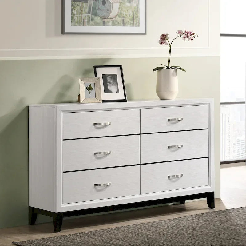 Ensemble de chambre à coucher contemporain Roundhill Furniture Stout, finition blanche, comprenant un lit à panneaux, une commode, un miroir et deux tables de chevet.