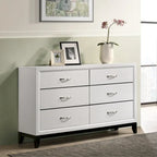 Ensemble de chambre à coucher contemporain Roundhill Furniture Stout, finition blanche, comprenant un lit à panneaux, une commode, un miroir et deux tables de chevet.