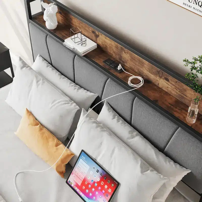 Tête de lit de rangement avec station de recharge pour lit double