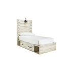 Lit Cambeck à panneaux blanchis à la chaux avec 2 tiroirs de rangement sous le lit