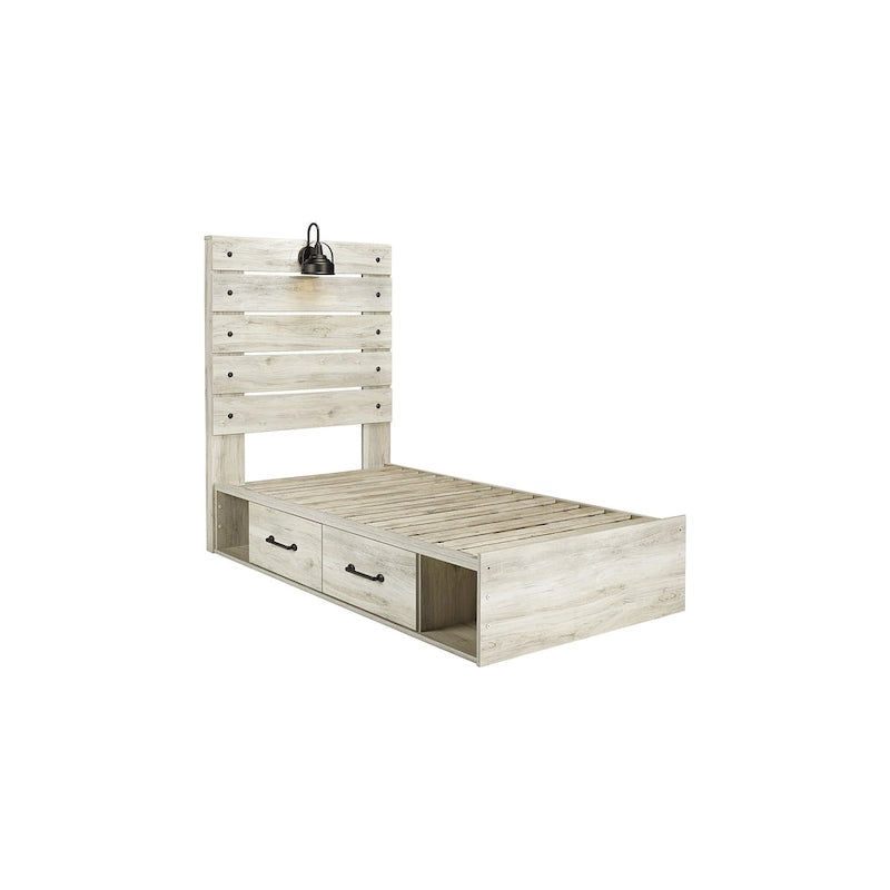 Lit Cambeck à panneaux blanchis à la chaux avec 2 tiroirs de rangement sous le lit