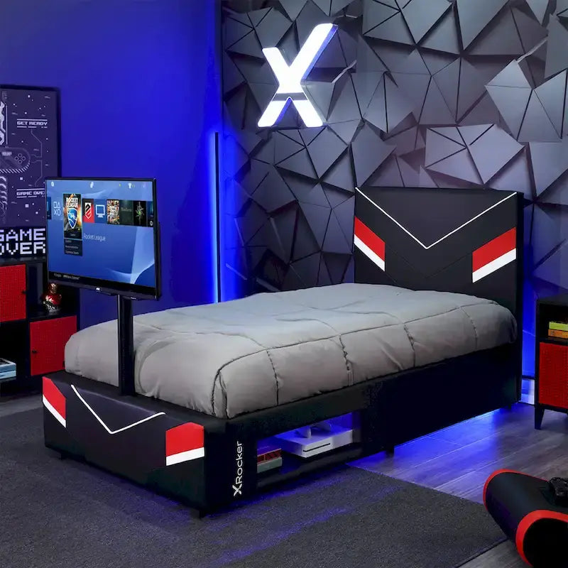 Cadre de lit gaming eSports X Rocker Orion avec support TV, noir/rouge, 1 place
