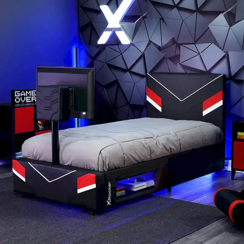 Cadre de lit gaming eSports X Rocker Orion avec support TV, noir/rouge, 1 place