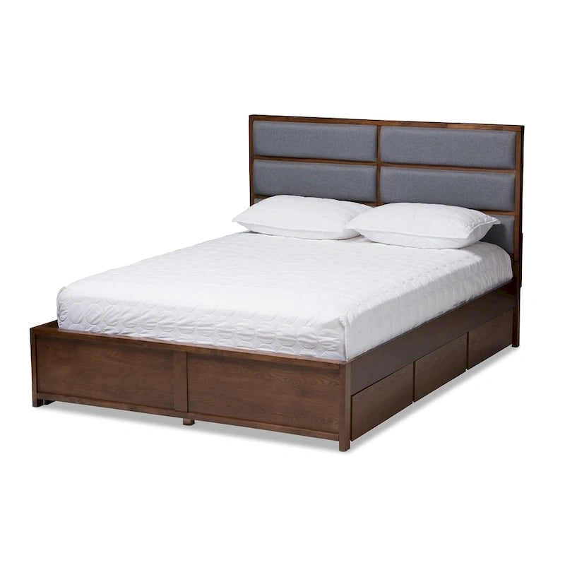 Lit coffre contemporain Strick &amp; Bolton Mori en tissu gris et bois de noyer